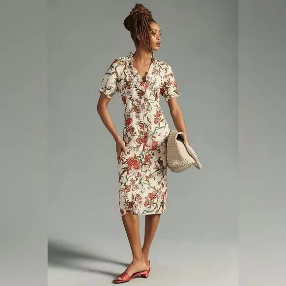 Anthropologie Pilcro Ruffle-Collar Buttondown Dress Cream Floral Boho Size 12